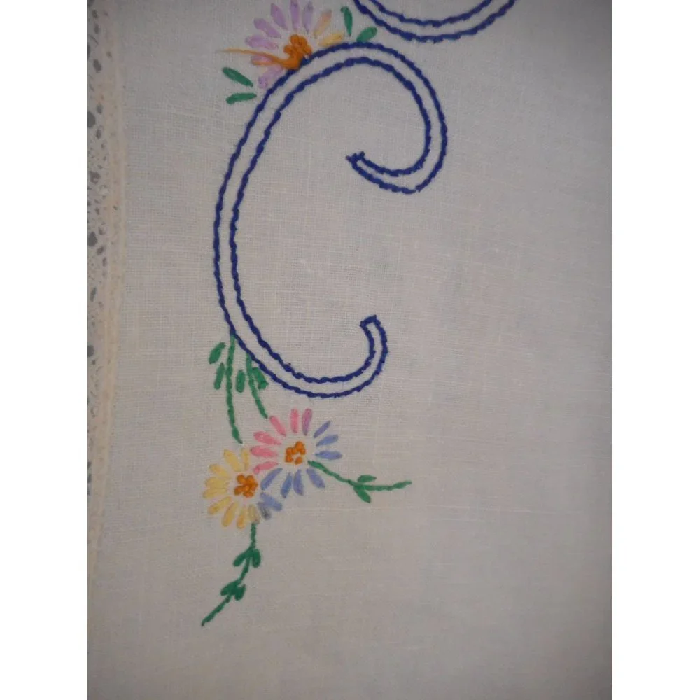 Vintage Blue Multicolor Floral handmade embroidered Lace Dresser scarf runner - Picture 3 of 4